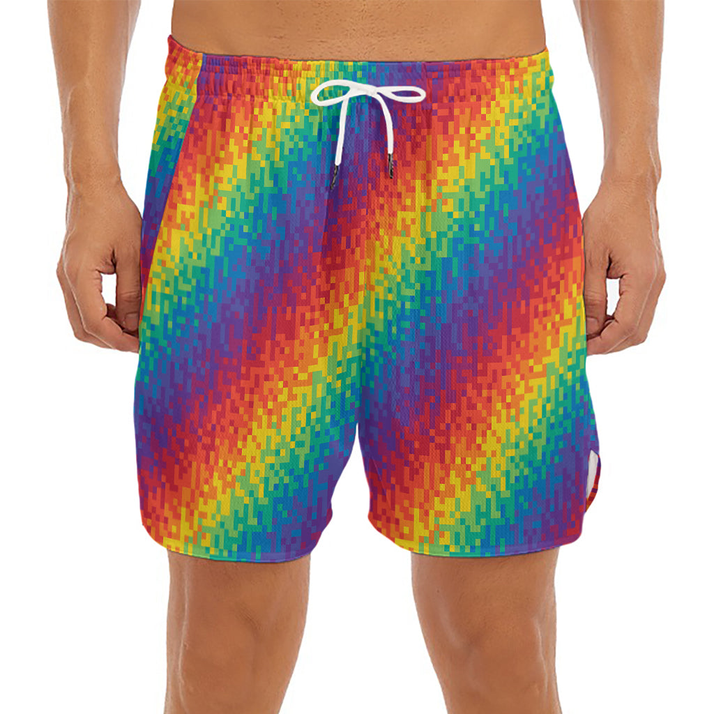 Pixel Rainbow Pattern Print Men's Split Running Shorts