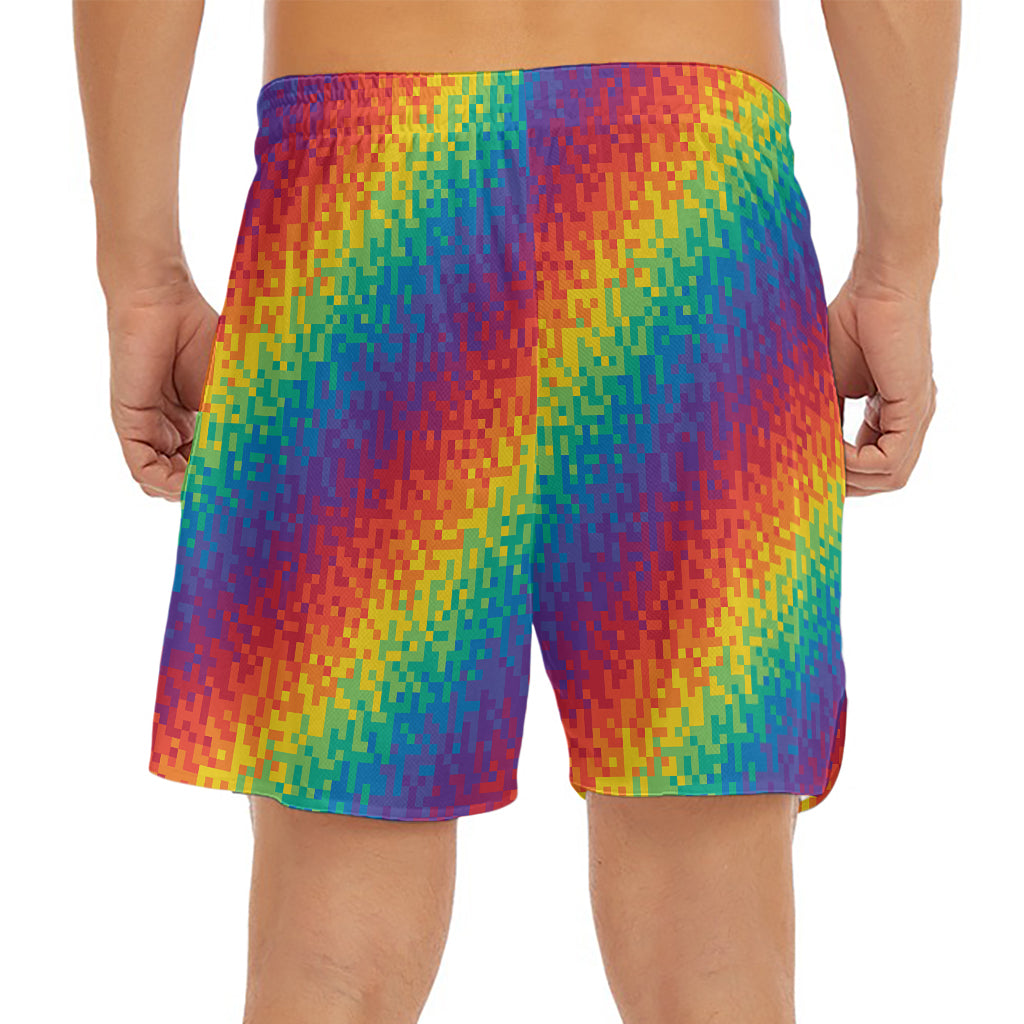 Pixel Rainbow Pattern Print Men's Split Running Shorts