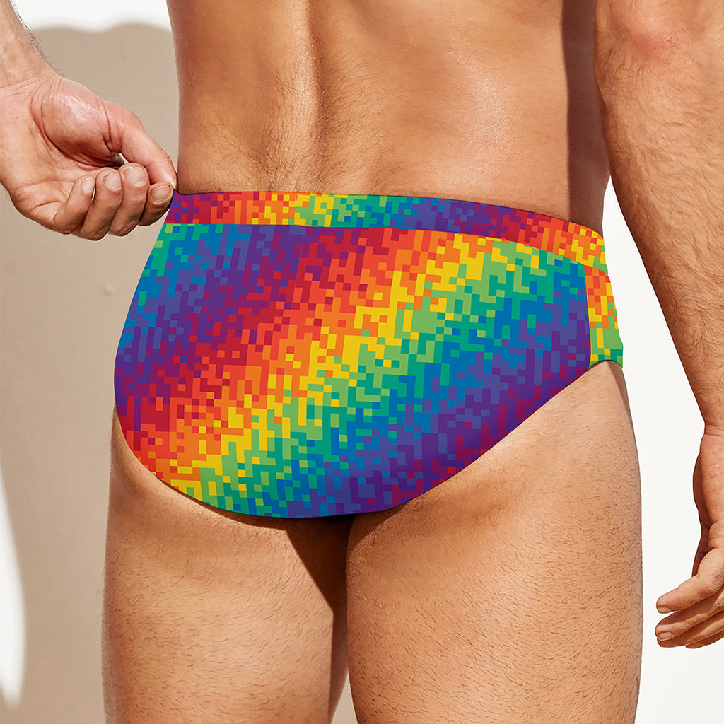Pixel Rainbow Pattern Print Men's Swim Briefs