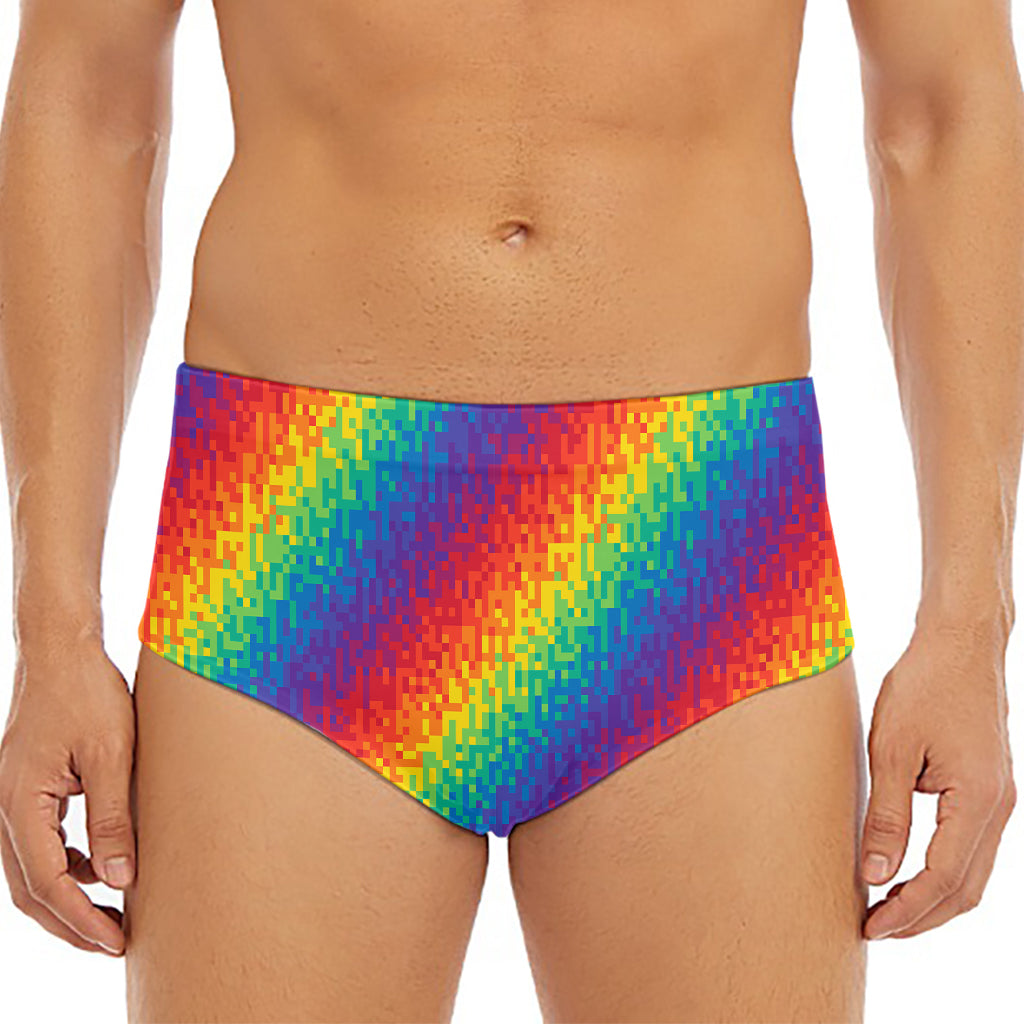 Pixel Rainbow Pattern Print Men's Triangle Swim Briefs