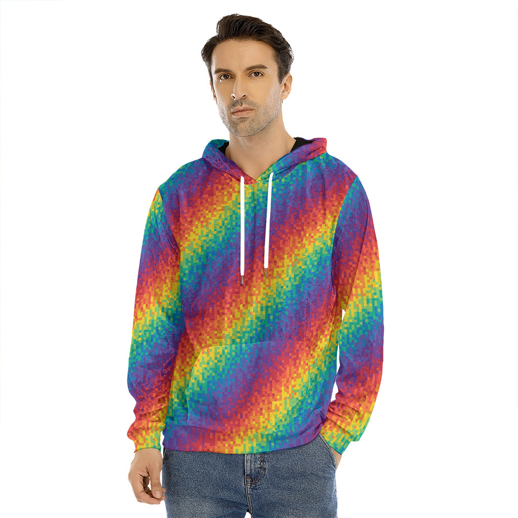 Pixel Rainbow Pattern Print Men's Velvet Pullover Hoodie