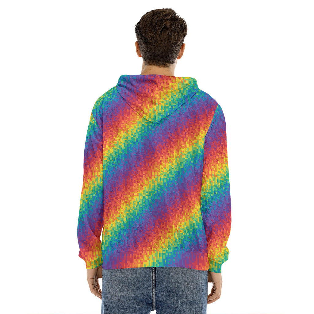 Pixel Rainbow Pattern Print Men's Velvet Pullover Hoodie