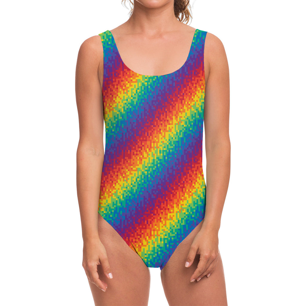 Pixel Rainbow Pattern Print One Piece Swimsuit