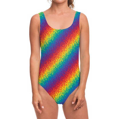 Pixel Rainbow Pattern Print One Piece Swimsuit