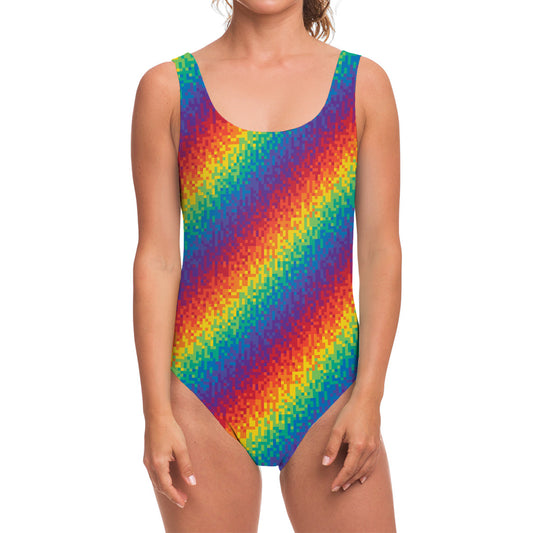 Pixel Rainbow Pattern Print One Piece Swimsuit