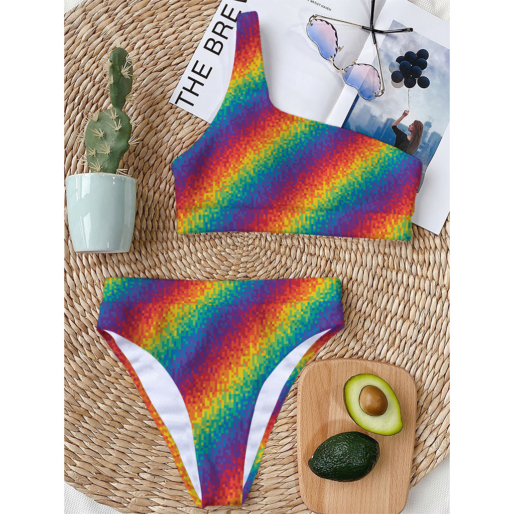 Pixel Rainbow Pattern Print One Shoulder Bikini Top