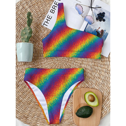 Pixel Rainbow Pattern Print One Shoulder Bikini Top