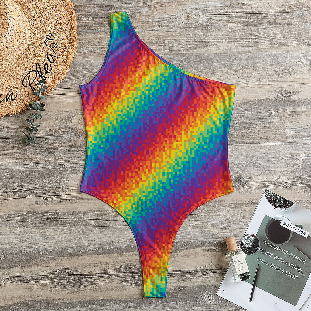 Pixel Rainbow Pattern Print One Shoulder Bodysuit