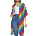 Pixel Rainbow Pattern Print Open Front Beach Cover Up