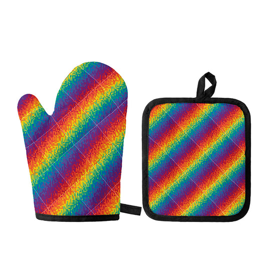 Pixel Rainbow Pattern Print Oven Mitt And Pot Holder Set