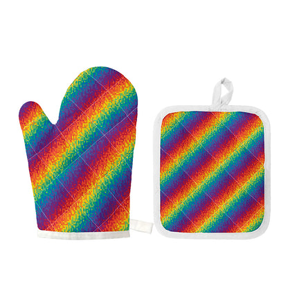 Pixel Rainbow Pattern Print Oven Mitt And Pot Holder Set