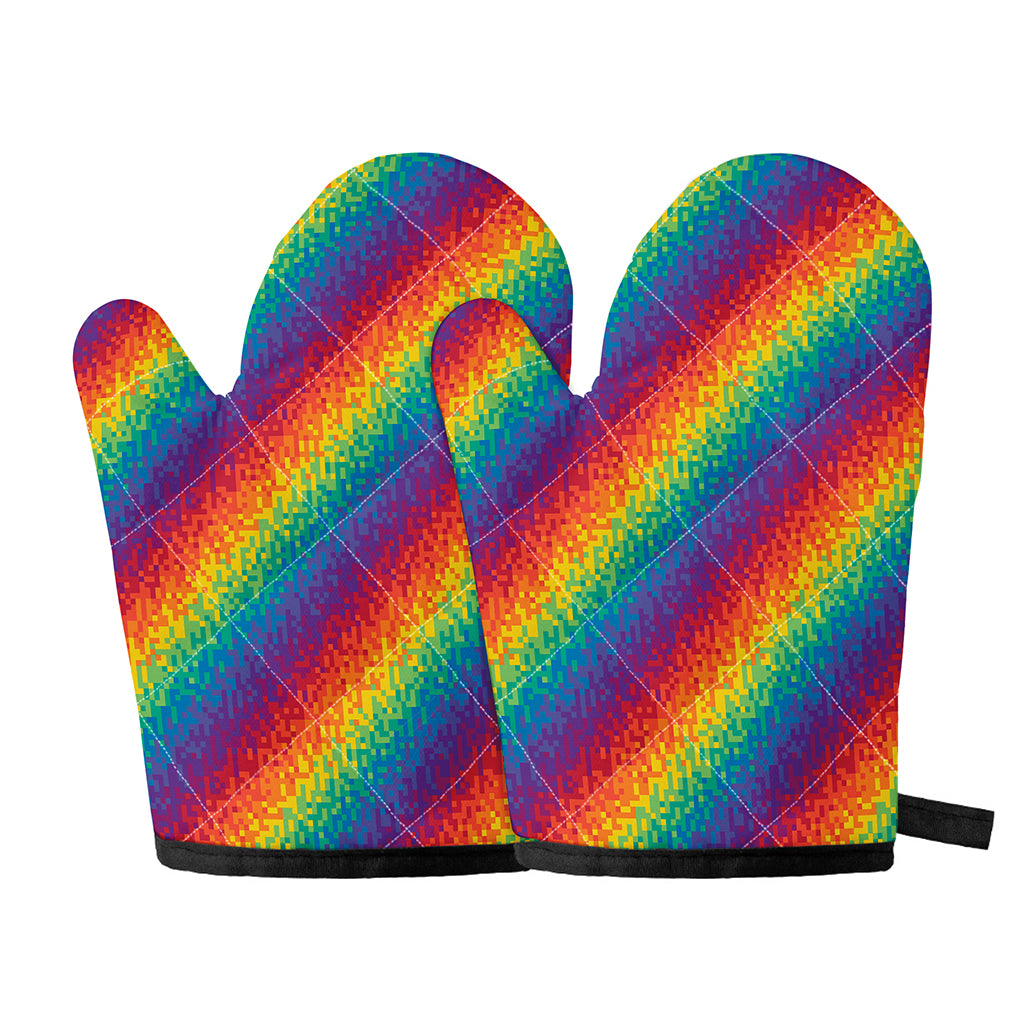 Pixel Rainbow Pattern Print Oven Mitts