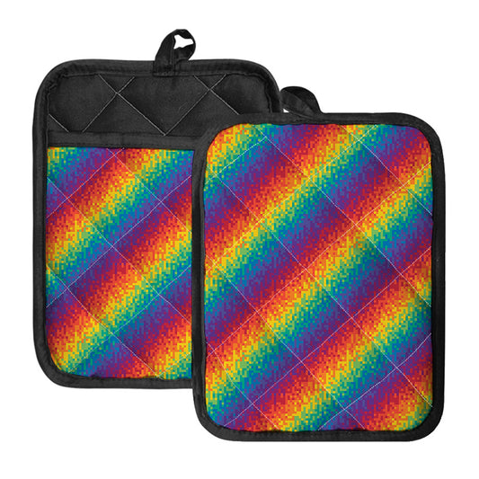 Pixel Rainbow Pattern Print Pot Holders With Pocket