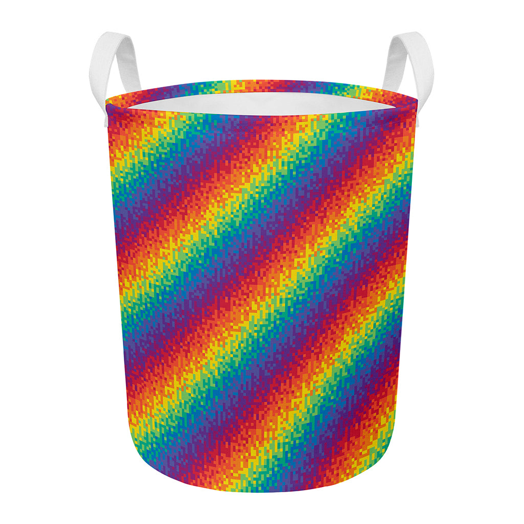 Pixel Rainbow Pattern Print Round Laundry Basket