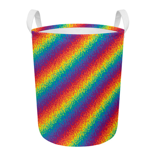 Pixel Rainbow Pattern Print Round Laundry Basket