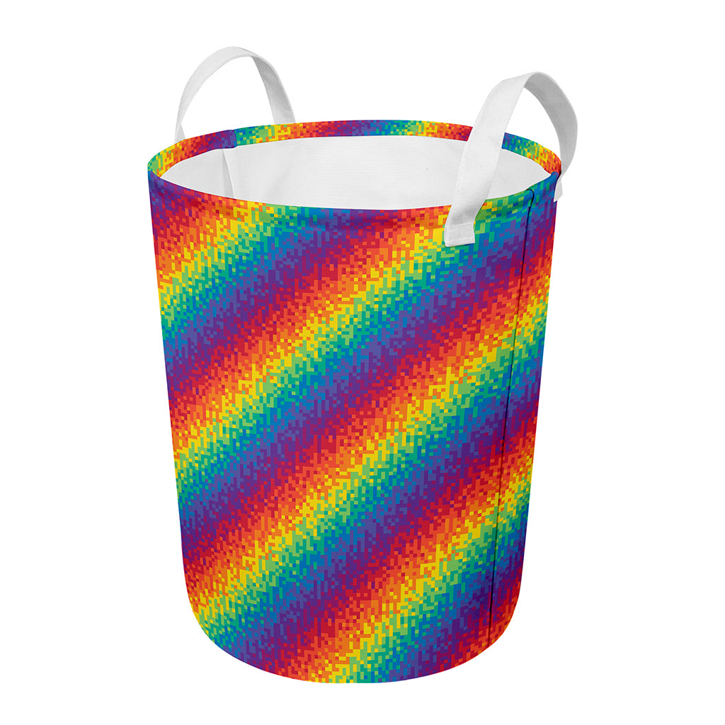 Pixel Rainbow Pattern Print Round Laundry Basket