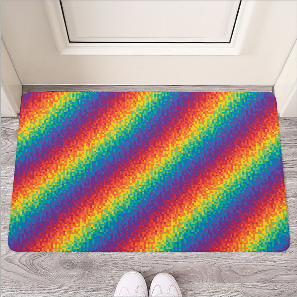 Pixel Rainbow Pattern Print Rubber Doormat