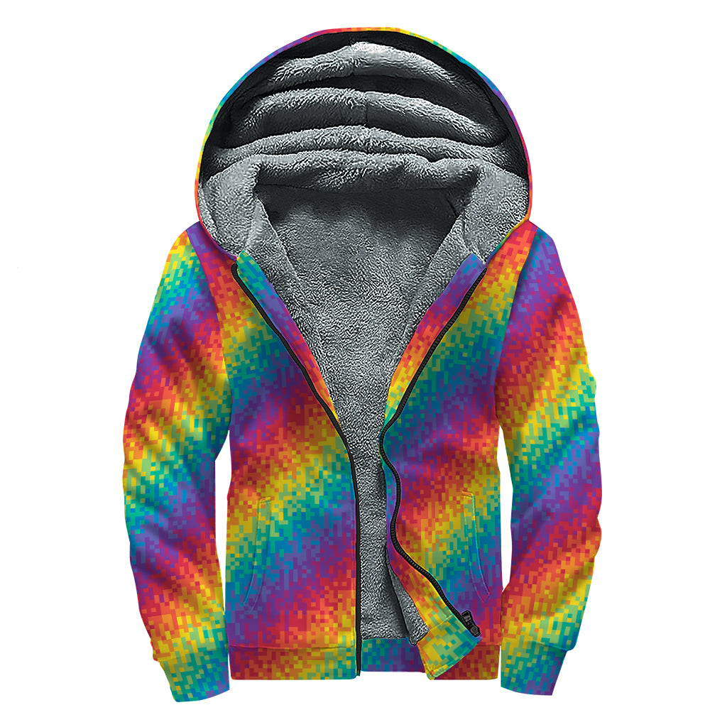 Pixel Rainbow Pattern Print Sherpa Lined Zip Up Hoodie