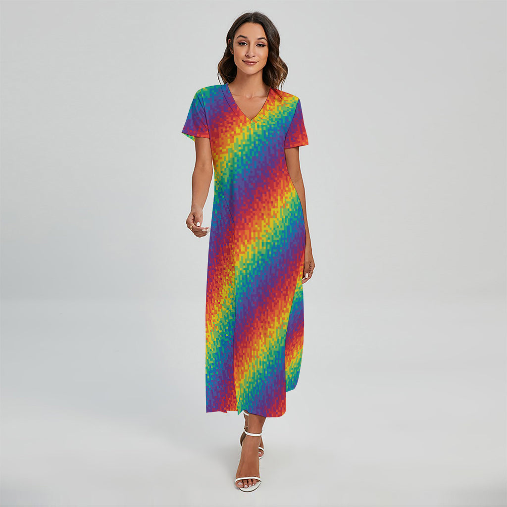 Pixel Rainbow Pattern Print Short Sleeve Maxi Dress