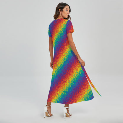 Pixel Rainbow Pattern Print Short Sleeve Maxi Dress