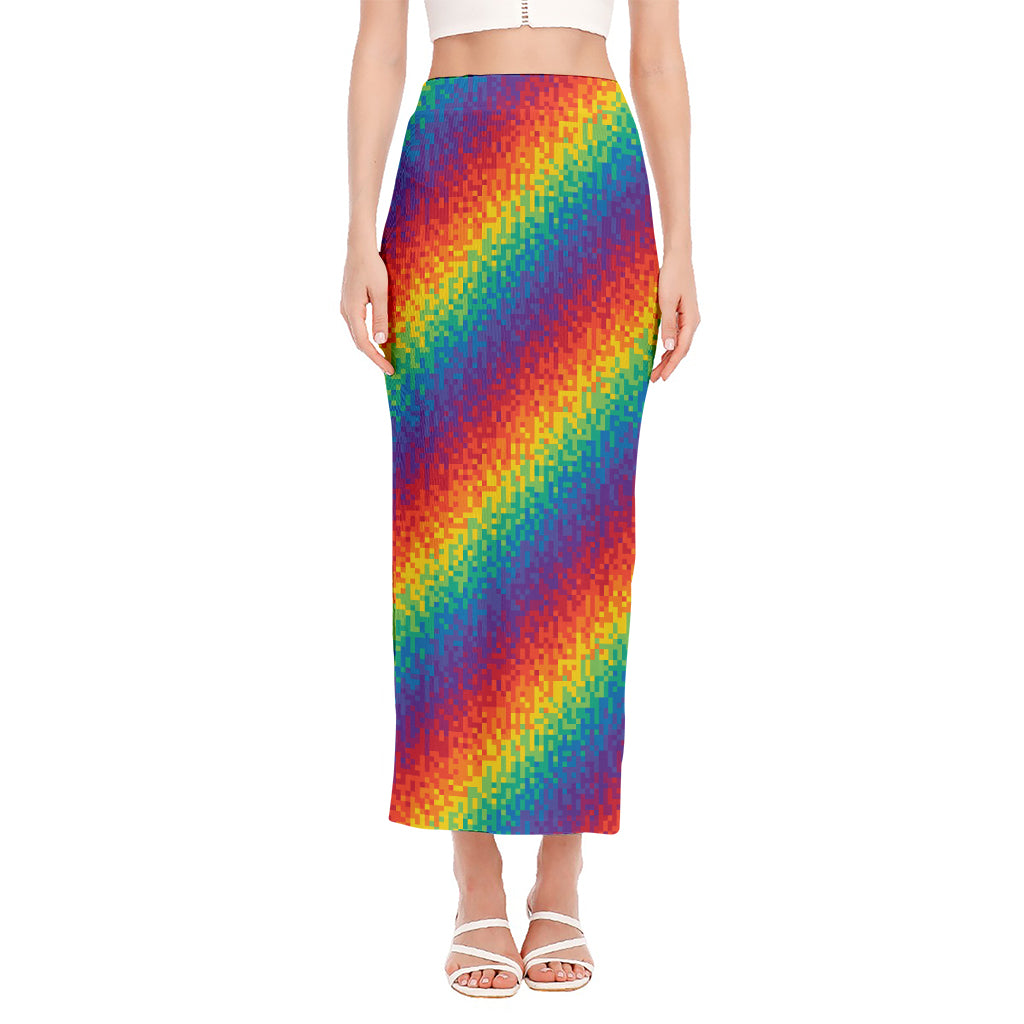 Pixel Rainbow Pattern Print Side Slit Maxi Skirt