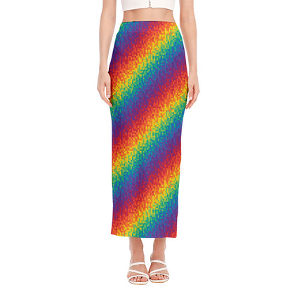 Pixel Rainbow Pattern Print Side Slit Maxi Skirt