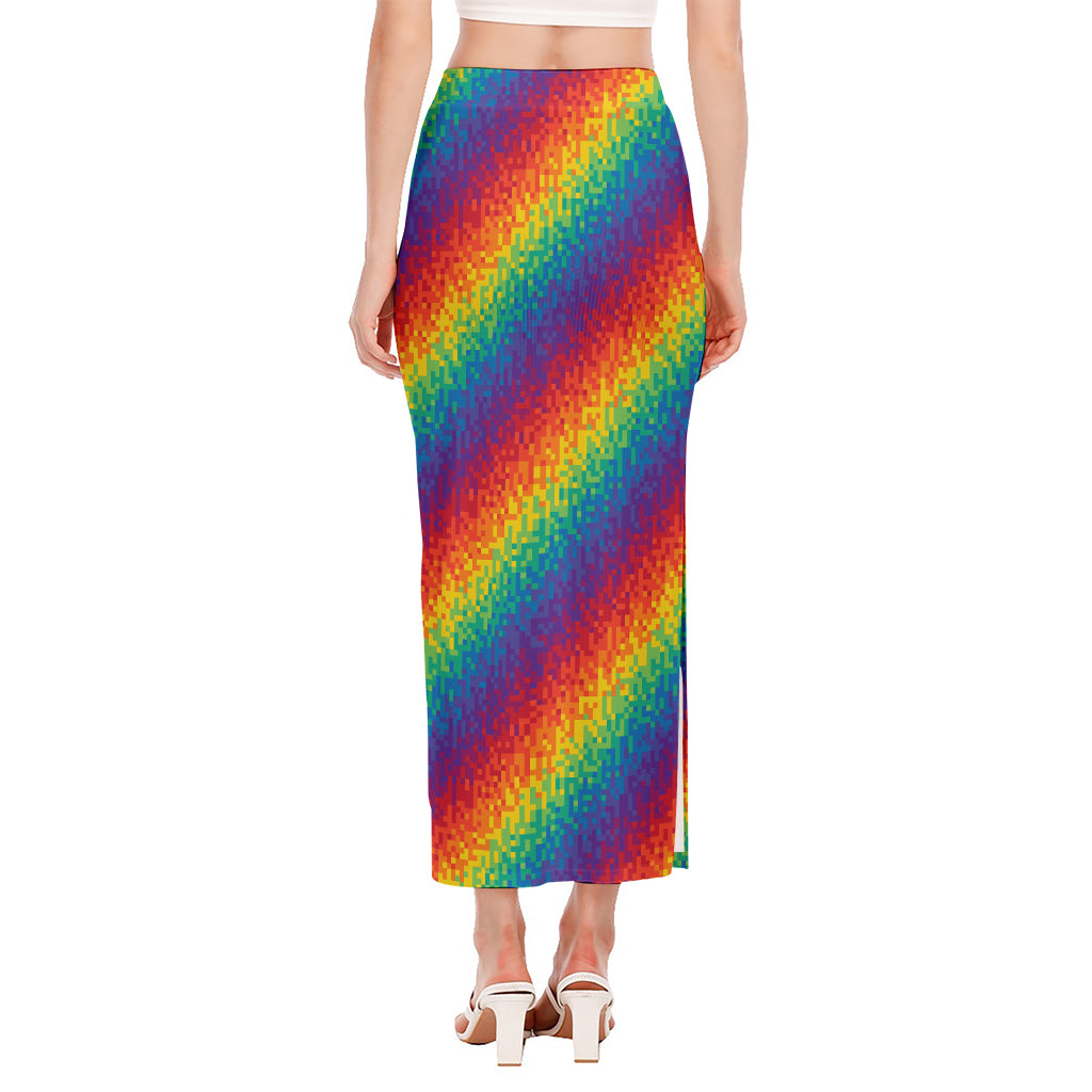 Pixel Rainbow Pattern Print Side Slit Maxi Skirt