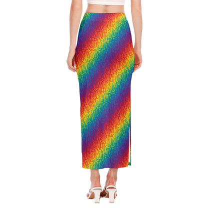 Pixel Rainbow Pattern Print Side Slit Maxi Skirt