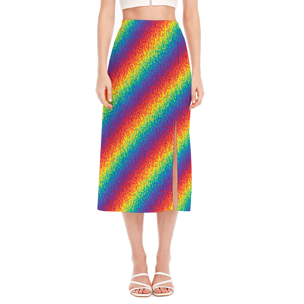 Pixel Rainbow Pattern Print Side Slit Midi Skirt