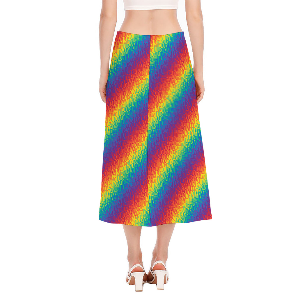 Pixel Rainbow Pattern Print Side Slit Midi Skirt