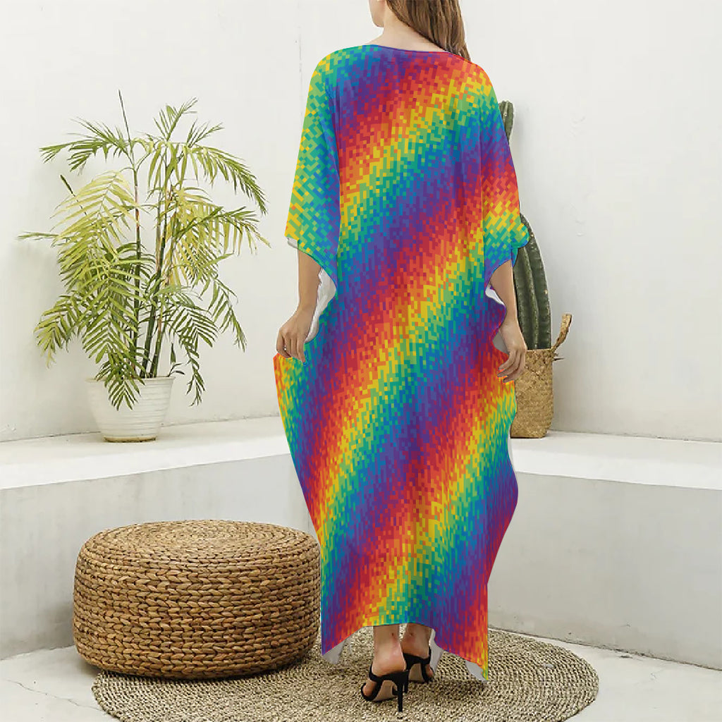 Pixel Rainbow Pattern Print Silk V-Neck Kaftan Dress