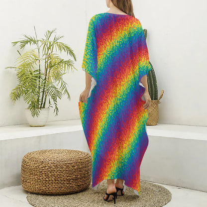 Pixel Rainbow Pattern Print Silk V-Neck Kaftan Dress
