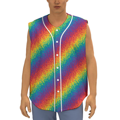 Pixel Rainbow Pattern Print Sleeveless Baseball Jersey