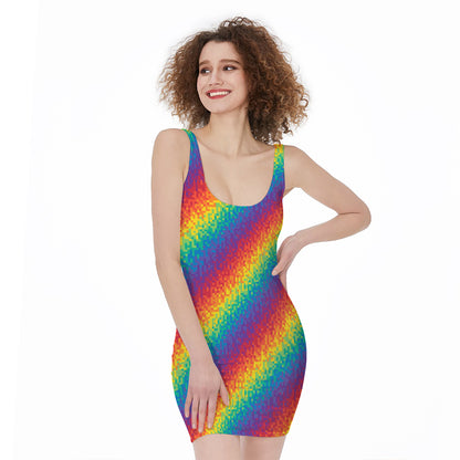Pixel Rainbow Pattern Print Sleeveless Bodycon Dress
