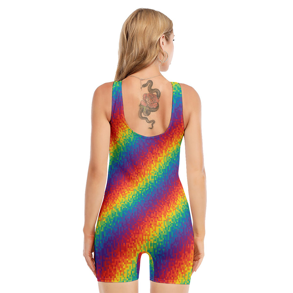 Pixel Rainbow Pattern Print Sleeveless One Piece Swimsuit