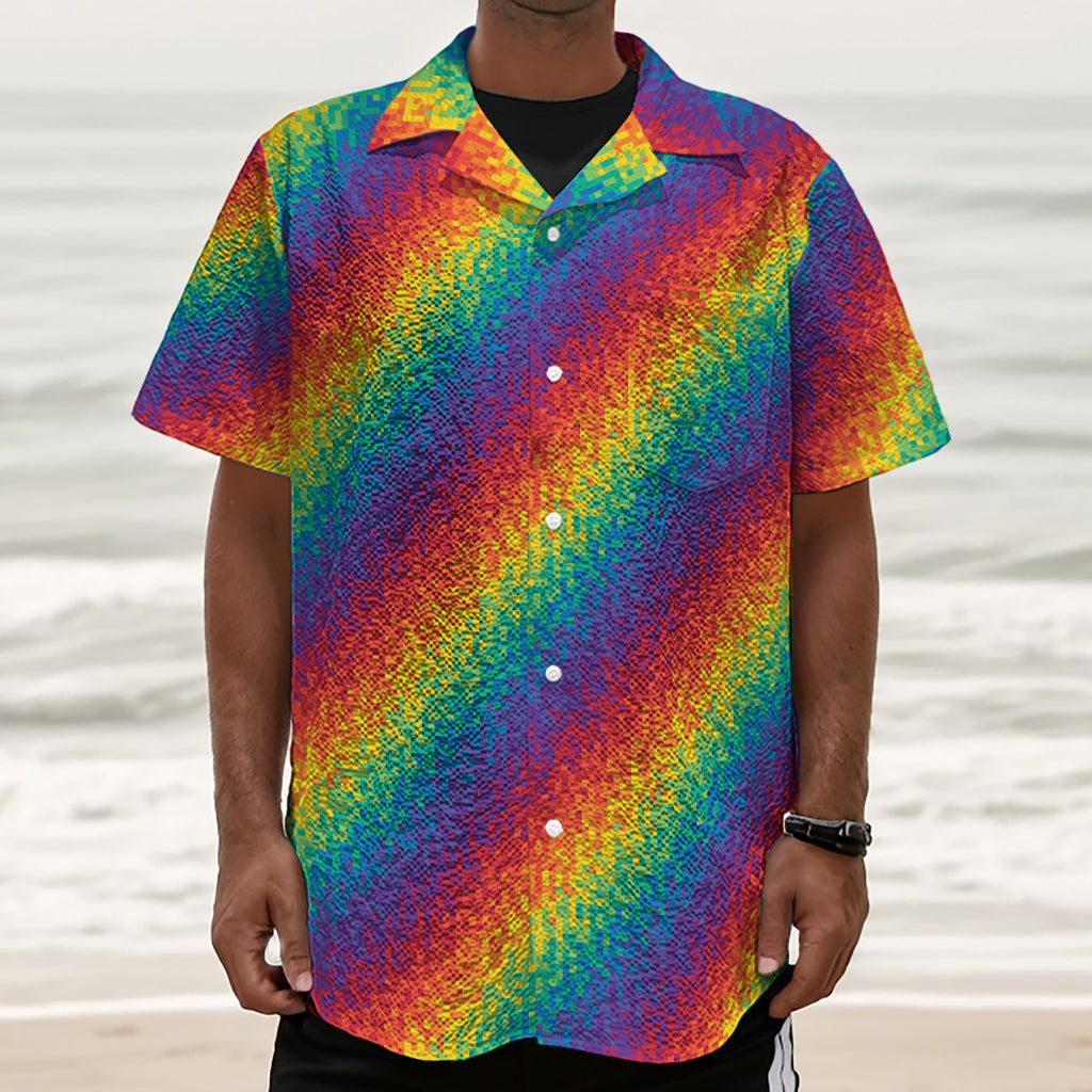Pixel Rainbow Pattern Print Textured Short Sleeve Shirt