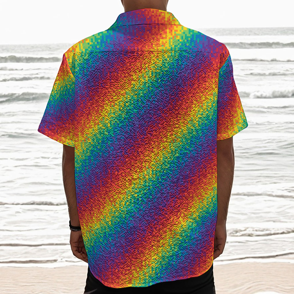Pixel Rainbow Pattern Print Textured Short Sleeve Shirt