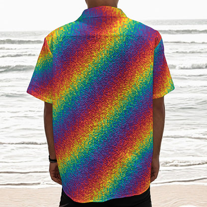 Pixel Rainbow Pattern Print Textured Short Sleeve Shirt