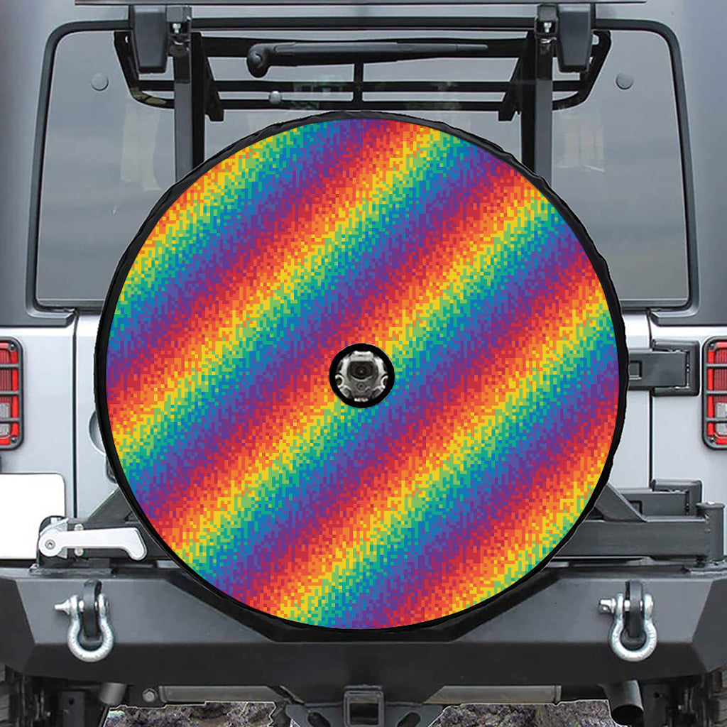 Pixel Rainbow Pattern Print Tire Cover With Camera Hole