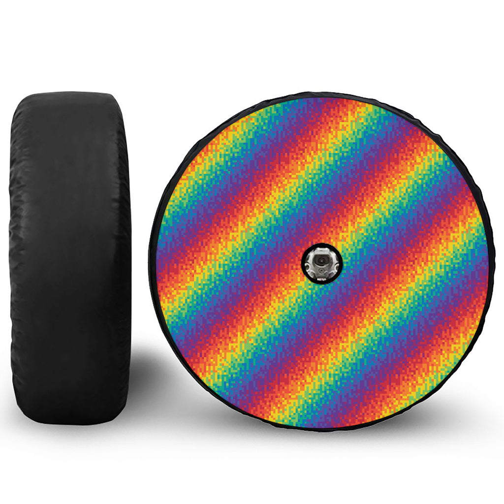 Pixel Rainbow Pattern Print Tire Cover With Camera Hole