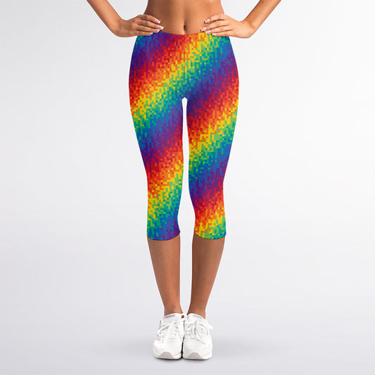 Pixel Rainbow Pattern Print Women's Capri Leggings
