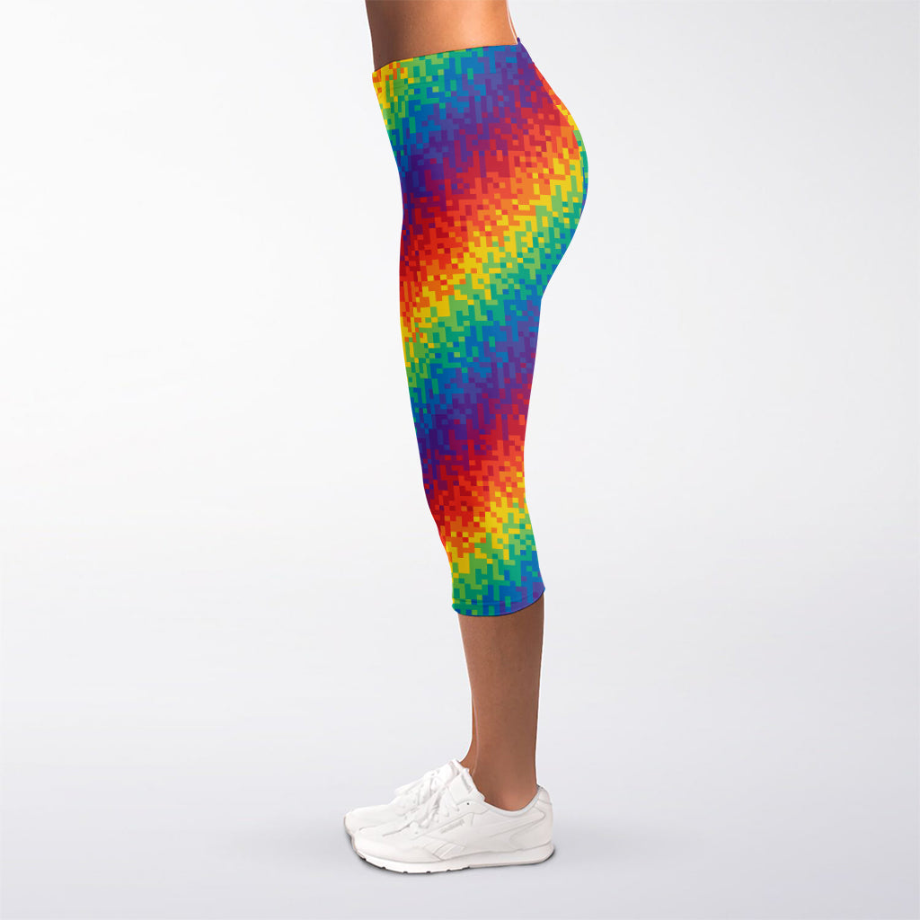 Pixel Rainbow Pattern Print Women's Capri Leggings