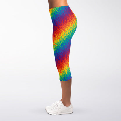 Pixel Rainbow Pattern Print Women's Capri Leggings