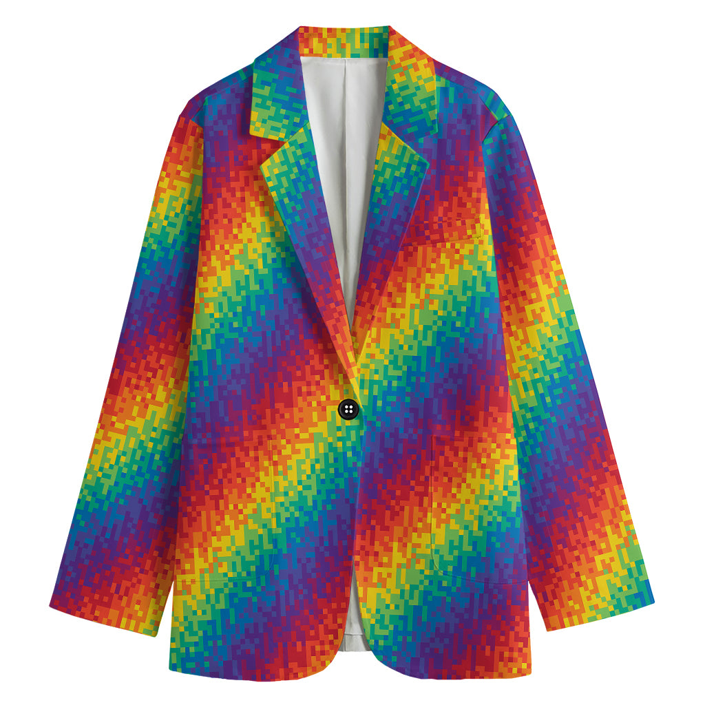 Pixel Rainbow Pattern Print Women's Cotton Blazer