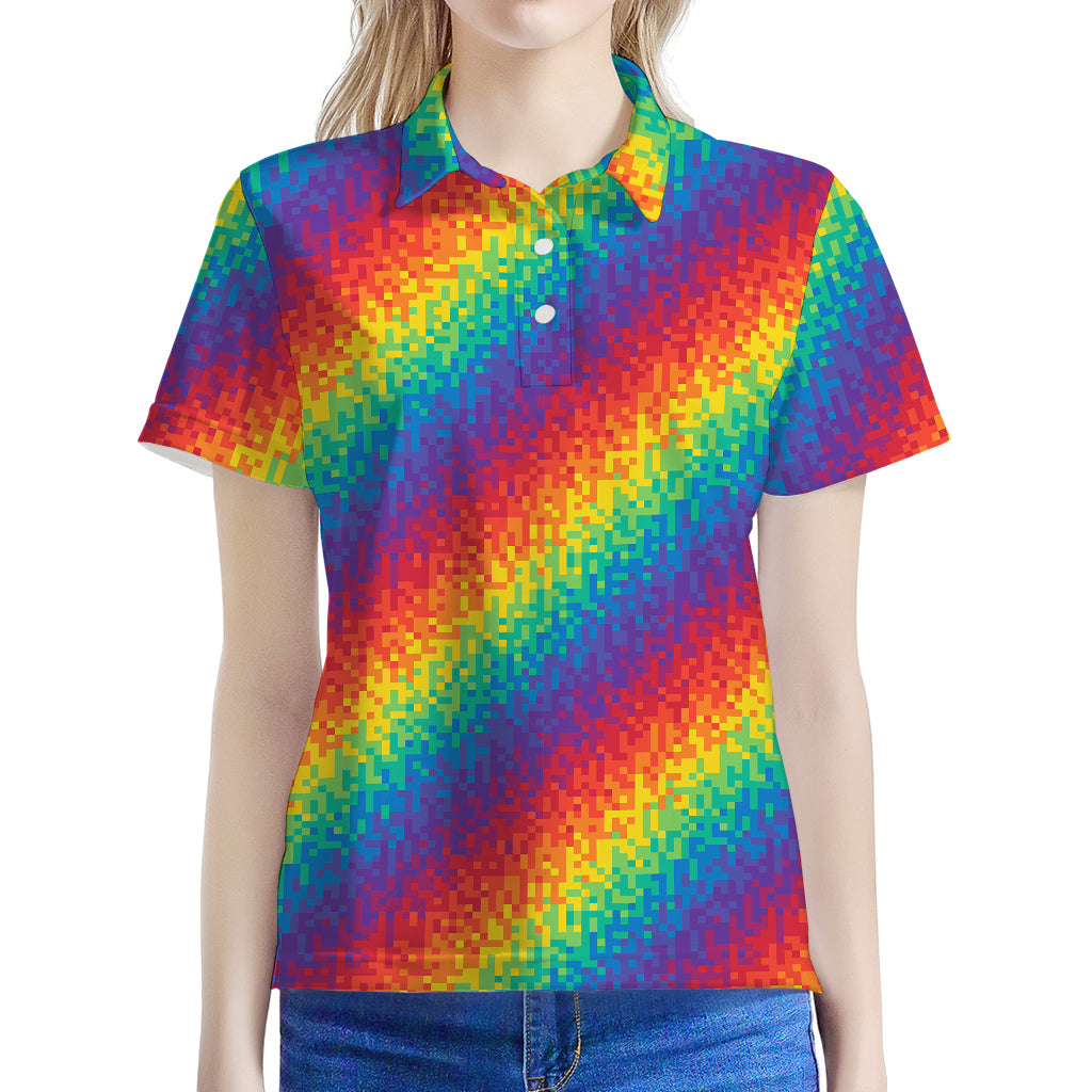 Pixel Rainbow Pattern Print Women's Polo Shirt