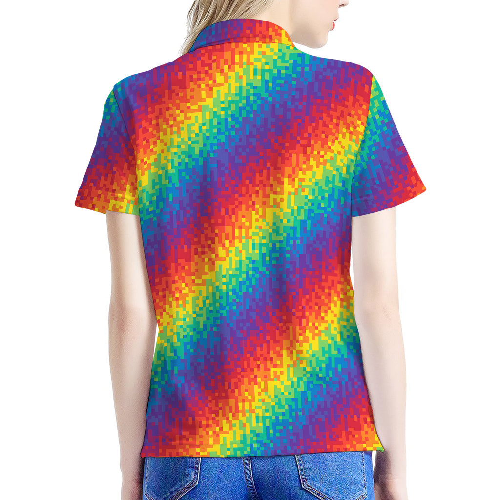 Pixel Rainbow Pattern Print Women's Polo Shirt