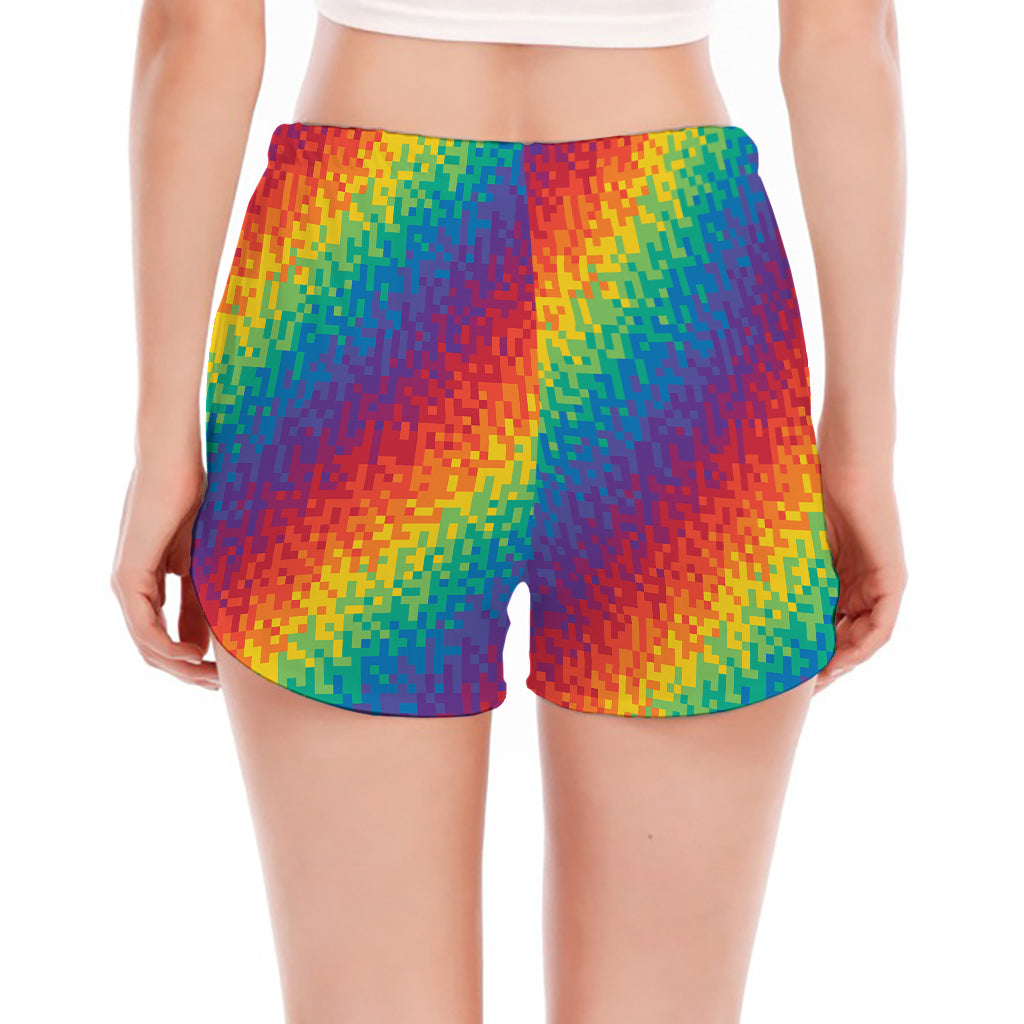 Pixel Rainbow Pattern Print Women's Split Running Shorts