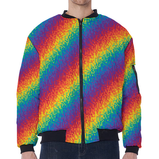 Pixel Rainbow Pattern Print Zip Sleeve Bomber Jacket