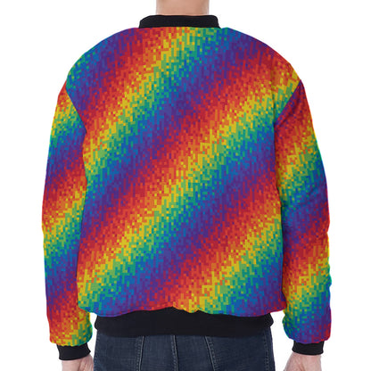 Pixel Rainbow Pattern Print Zip Sleeve Bomber Jacket