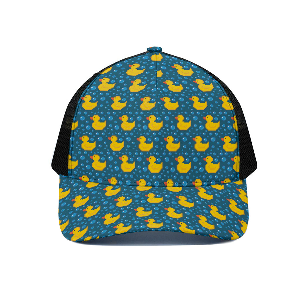 Pixel Rubber Duck Pattern Print Black Mesh Trucker Cap